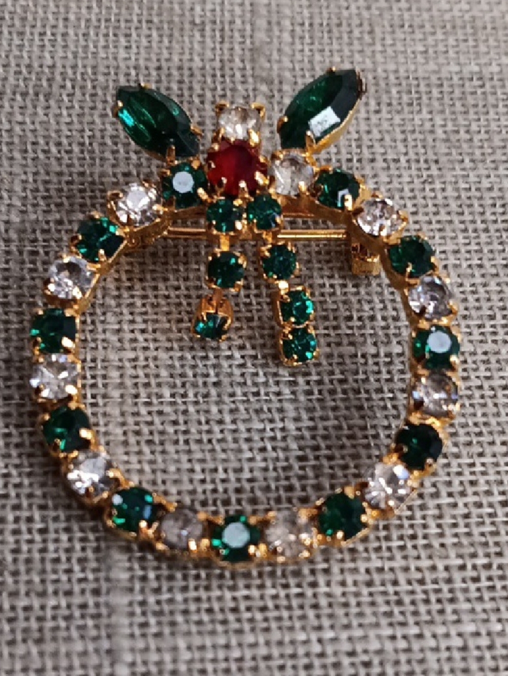 Vintage Gold-Tone Green, Clear & Red Rhinestone Wreath Brooch